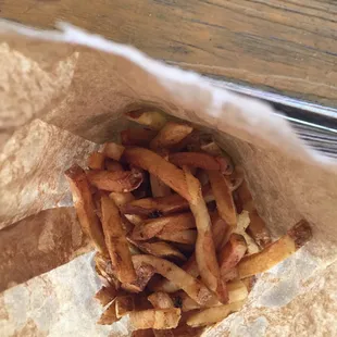 Looking into the bag of fries