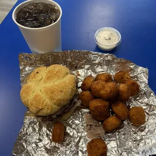 Pit beef,tots,drink.  The root beer was good!
