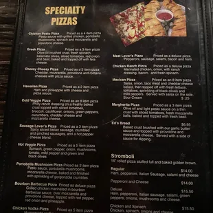 Specialty pizza menu