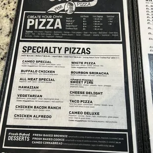 a menu for a pizza restaurant