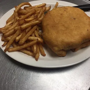 a chicken burger and french fries