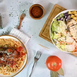 Bison Meatballs and Chicken Caesar Salad