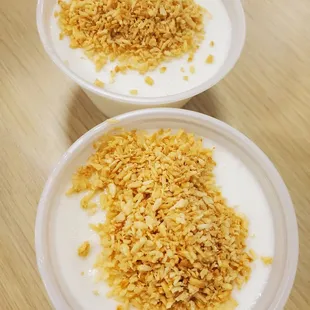 Coconut pudding with crispy coconut shavings. Yum!