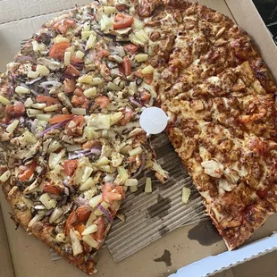 The camera did not eat first this time  Extra large pizza, half chicken with roasted garlic added pineapples and half bbq chicken