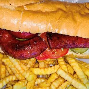  hot dog and fries in a styrofoam container