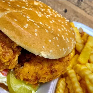 a chicken sandwich and french fries