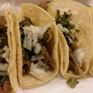 Shredded beef on corn tortillas