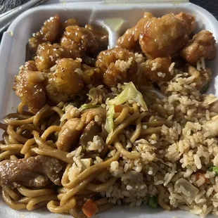 Sesame chicken, lemon chicken, dinner b I did eat one piece of each chicken before this pic