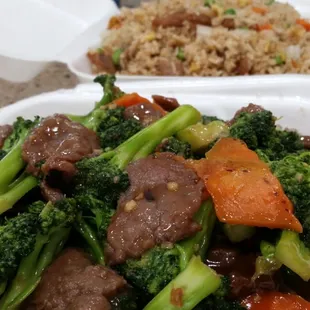 Pork fried rice, broccoli beef