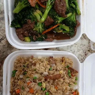 Pork fried rice and broccoli beef.