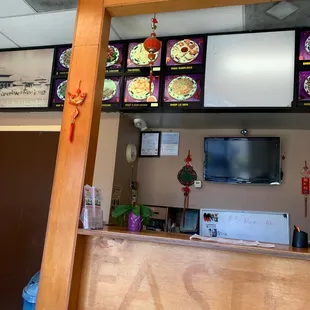 a view of a restaurant counter