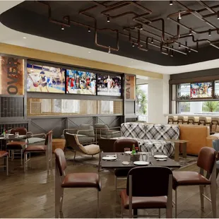 the interior of a modern restaurant