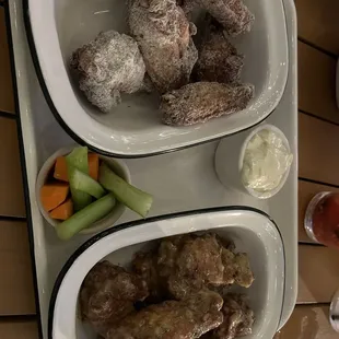 12 wings: half ranch, half garlic parm