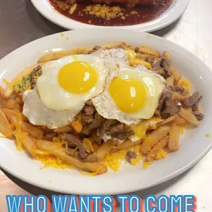 Wet red sauce meat burrito &amp; carneasada fries with egg on top. Menu preview
