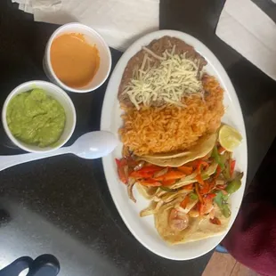 Grilled fish taco combo rice &amp; beans free drink &amp; salsa