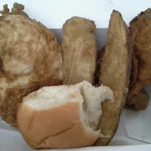 Two piece chicken lunch, comes with two potato logs &amp; a roll..