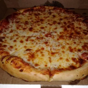 a cheese pizza in a box