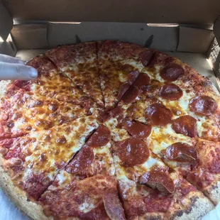 Large pepperoni and cheese pizza