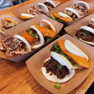 Middle row: Crab Daddy Bao, Duck Bao, Spicy Thai Bao, Pork Belly Bao, Crab Daddy Bao