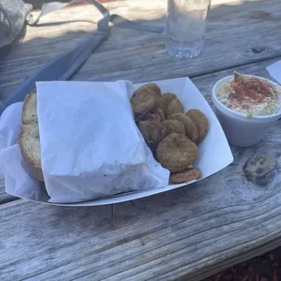 Fried pickles, pitmaster sandwich, potato salad
