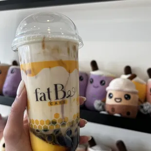 Brown sugar boba latte with flan pudding and brown sugar boba