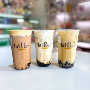 Creme brulee milk tea, brown sugar boba latte &amp; jasmine oat milk tea