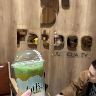 Strawberry matcha latte with crystal boba