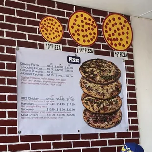 a pizza menu on a brick wall