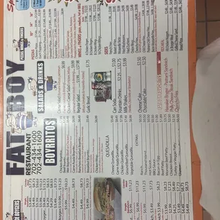 a menu for a fast food restaurant
