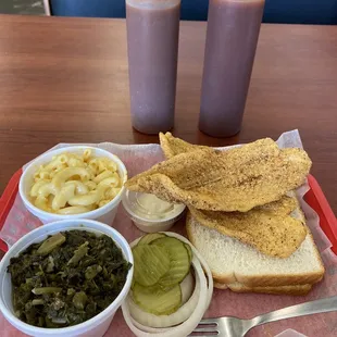 Catfish Plate with Turnip Greens and Mac &amp; Cheese