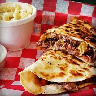 Brisket quesadilla &amp; creamy mac &amp; cheese.  Yum!