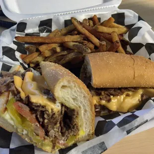 a cheeseburger and fries