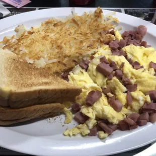 Two eggs diced ham hash browns and toast $6. 4.75/5