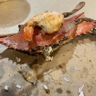 They claim this crab is a large. I put the shrimp on top so you can see the foolery they tried!