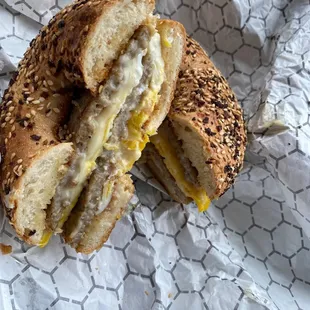 Sausage, egg, cheese on everything bagel