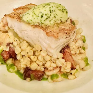 Halibut special ( best ever dish with corn,shrimp and chanterelles sitting over mashed potatoes)