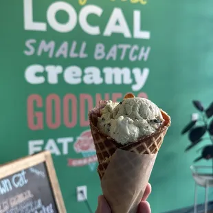 a hand holding a cone of ice cream