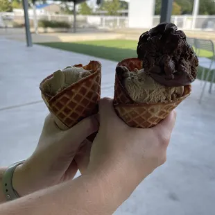 Pumpkinator, Hardcore Chocolate, and Amaya Coffee and Cream - all in Brown Butter Brown Sugar Waffle Cones!