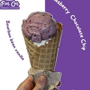 One scoop waffle cone with 2 flavors