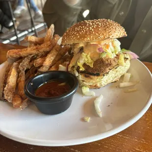 chicken sandwich with sweet potato fries