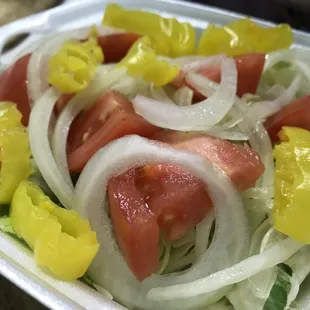 Salad was onion-heavy, but good with house dressing (oil+oregano).   Just add salt and pepper.  The pepper parmesan dressing was nfg.