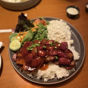 Grilled pork chop, Chinese sausage, teriyaki, rice, Mac salad.