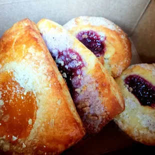 Apricot w/oat danish, cherry berry w/blue corn danish, raspberry blue corn coffee cake muffins