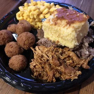 Southern Sampler (comes with Cornbread + choice of two sides-- I chose the Hushpuppies and Mac n Cheese)