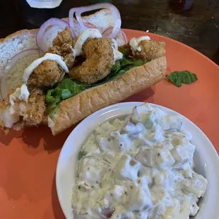 Shrimp po boy and potato salad
