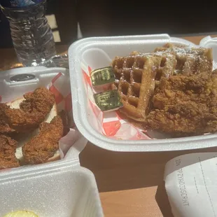 Chicken and waffles with a side of the hot tenders.