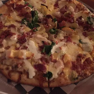 Chicken Bacon Ranch Pizza with Gouda, mozzarella, spinach and artichokes (Special) and amazing!!