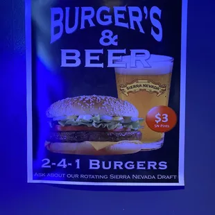 a poster of a burger and a beer