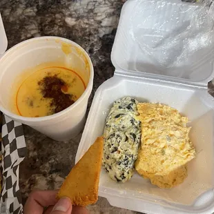 Spinach Artichoke Dip and buffalo chicken dip for $17  Fat Daddy&apos;s Queso