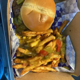We Cater and do Events both Private and Public. This is a sample of our Green Chile Cheeseburger and our Green Chile Cheese Fries that we do